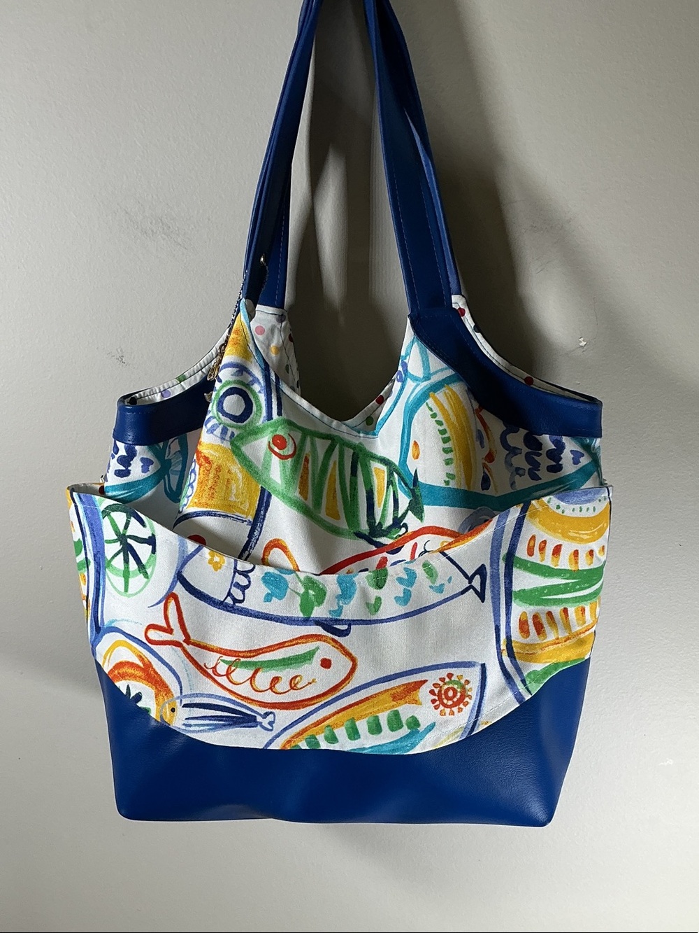 Jan Massie Golden Brook Fish Print Coastal Tote Bag Blue Nautical Shoulder Bag